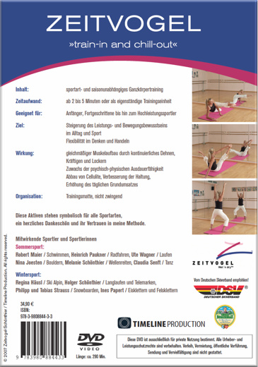ZEITVOGEL train-in and chill-out, im ZSV 2007, DVD, Margot Zeitvogel-Schönthier, Cover hinten ZEITVOGEL train-in and chill-out, im ZSV 2007, DVD, Margot Zeitvogel-Schönthier, Cover hinten